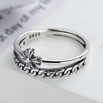 Rockyu シルバー925 レディースリング｜クロス＆チェーン風デザイン 二連風フリーサイズリング