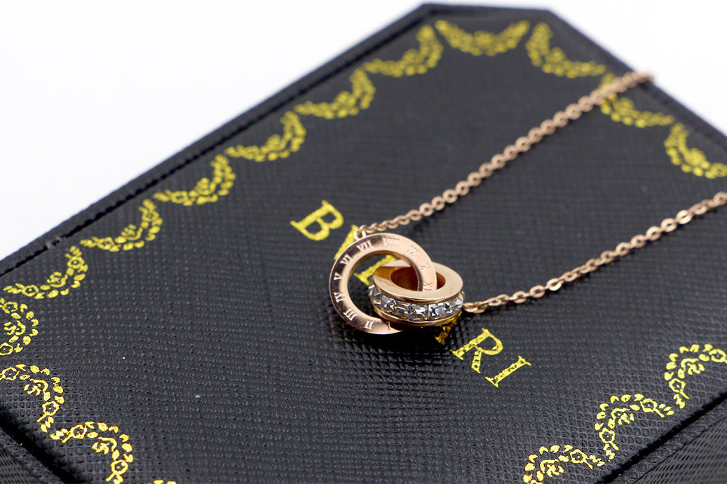 Rockyu 2連リングネックレス レディース チタン製 ピンクゴールド CZストーン 金属アレルギー対応