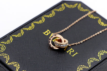 Rockyu 2連リングネックレス レディース チタン製 ピンクゴールド CZストーン 金属アレルギー対応