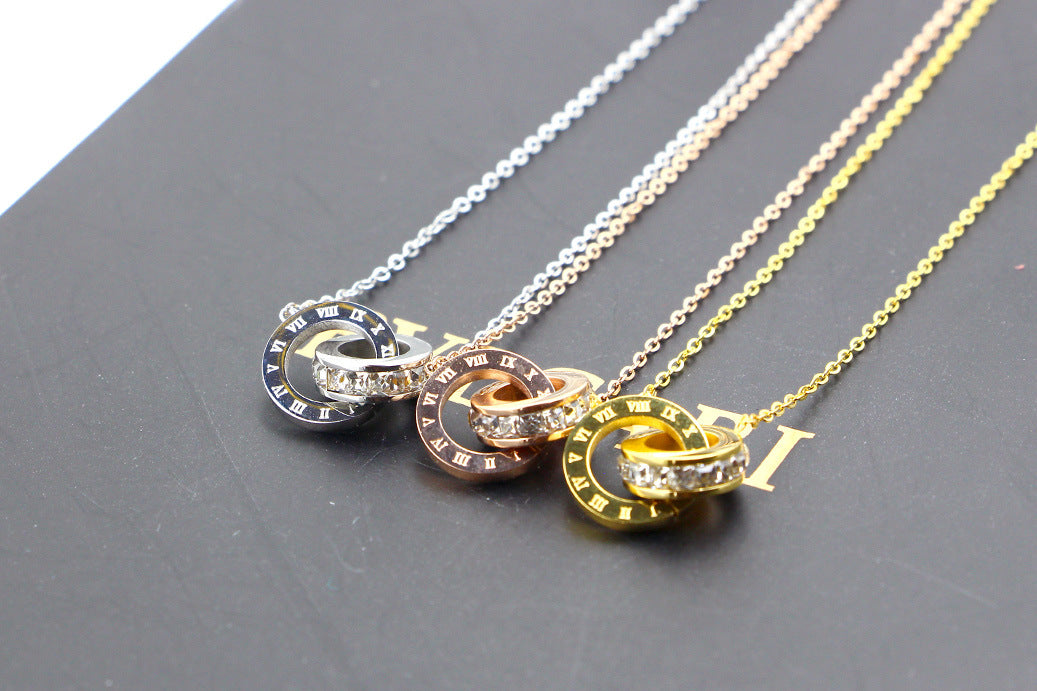 Rockyu 2連リングネックレス レディース チタン製 ピンクゴールド CZストーン 金属アレルギー対応