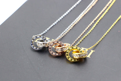 Rockyu 2連リングネックレス レディース チタン製 ピンクゴールド CZストーン 金属アレルギー対応