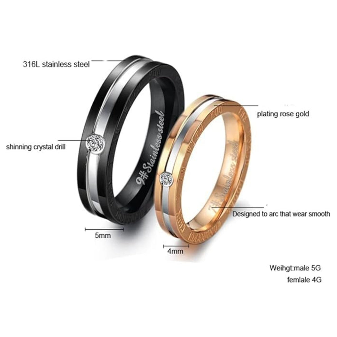 Rockyu ペアリング ステンレス製 一粒ジルコニア付き ブラック＆ピンクゴールドリング