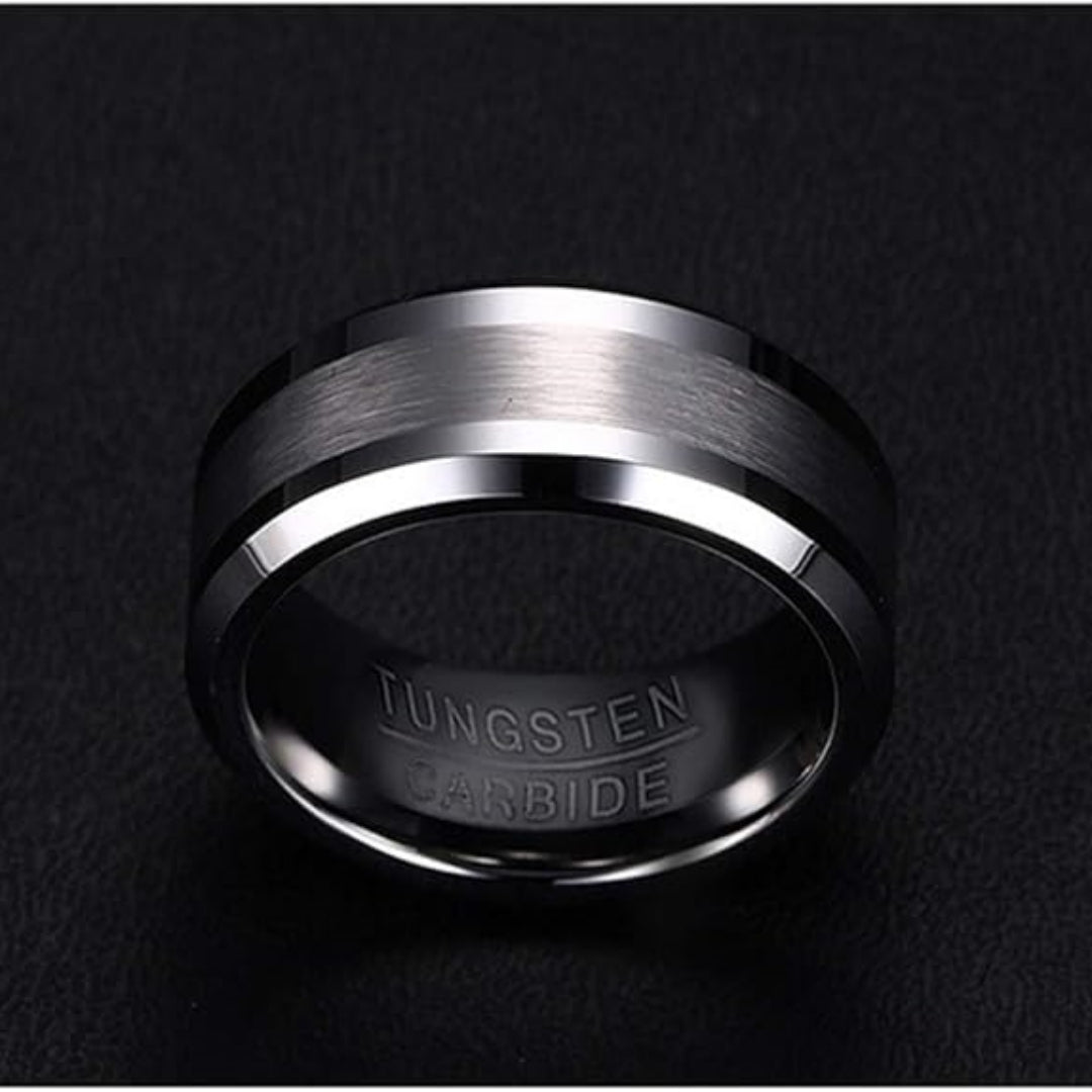 Rockyu メンズ タングステンリング 8mm 平打ち・艶消しデザイン シルバー＆ブラック