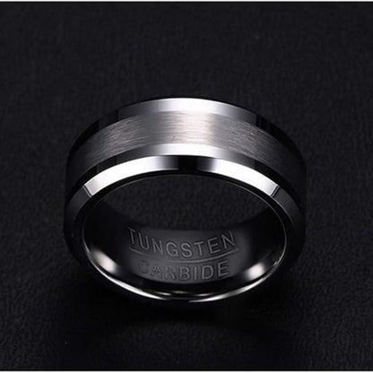 Rockyu メンズ タングステンリング 8mm 平打ち・艶消しデザイン シルバー＆ブラック