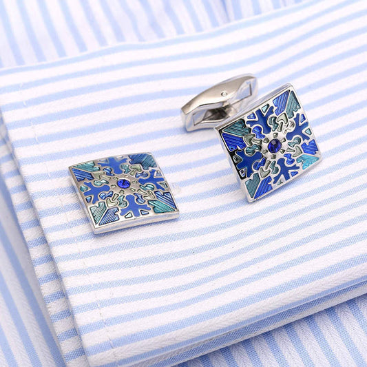 Rockyu カフスボタン メンズ 星模様 ブルー シルバー スクエア 和柄 ステンレス製