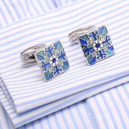 Rockyu カフスボタン メンズ 星模様 ブルー シルバー スクエア 和柄 ステンレス製