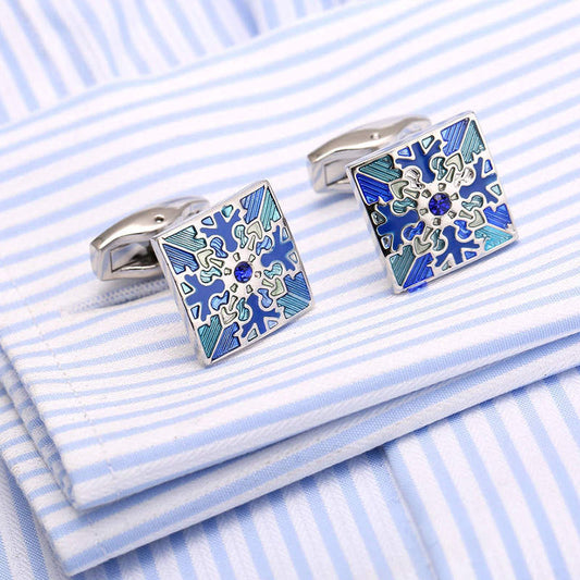 Rockyu カフスボタン メンズ 星模様 ブルー シルバー スクエア 和柄 ステンレス製