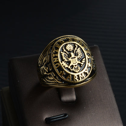 Rockyu メンズ チタン風ステンレスリング イーグル記章デザイン 重厚ゴールドリング