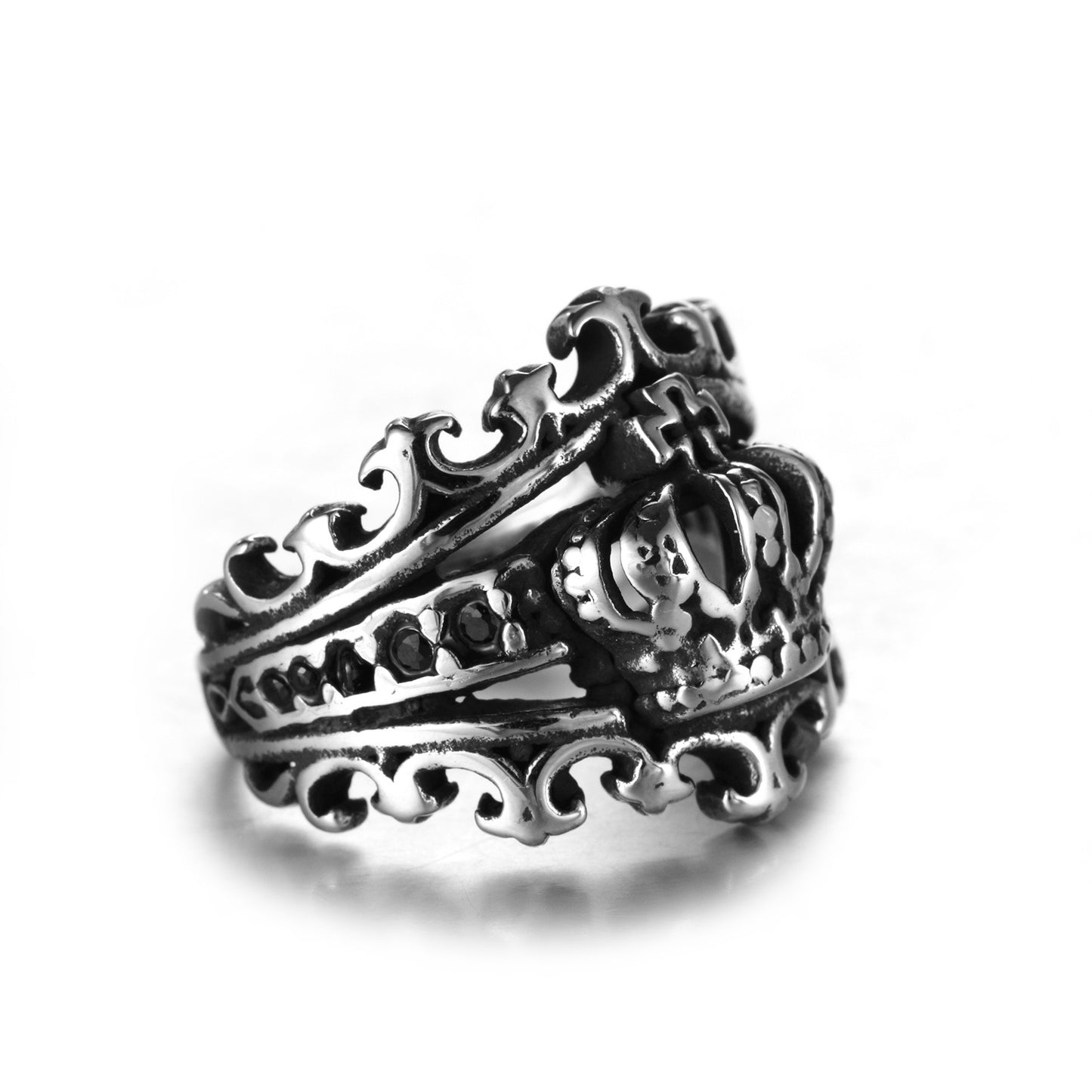 Rockyu クラウンクロスステンレスリング メンズ｜ゴシックブラック王冠デザイン指輪