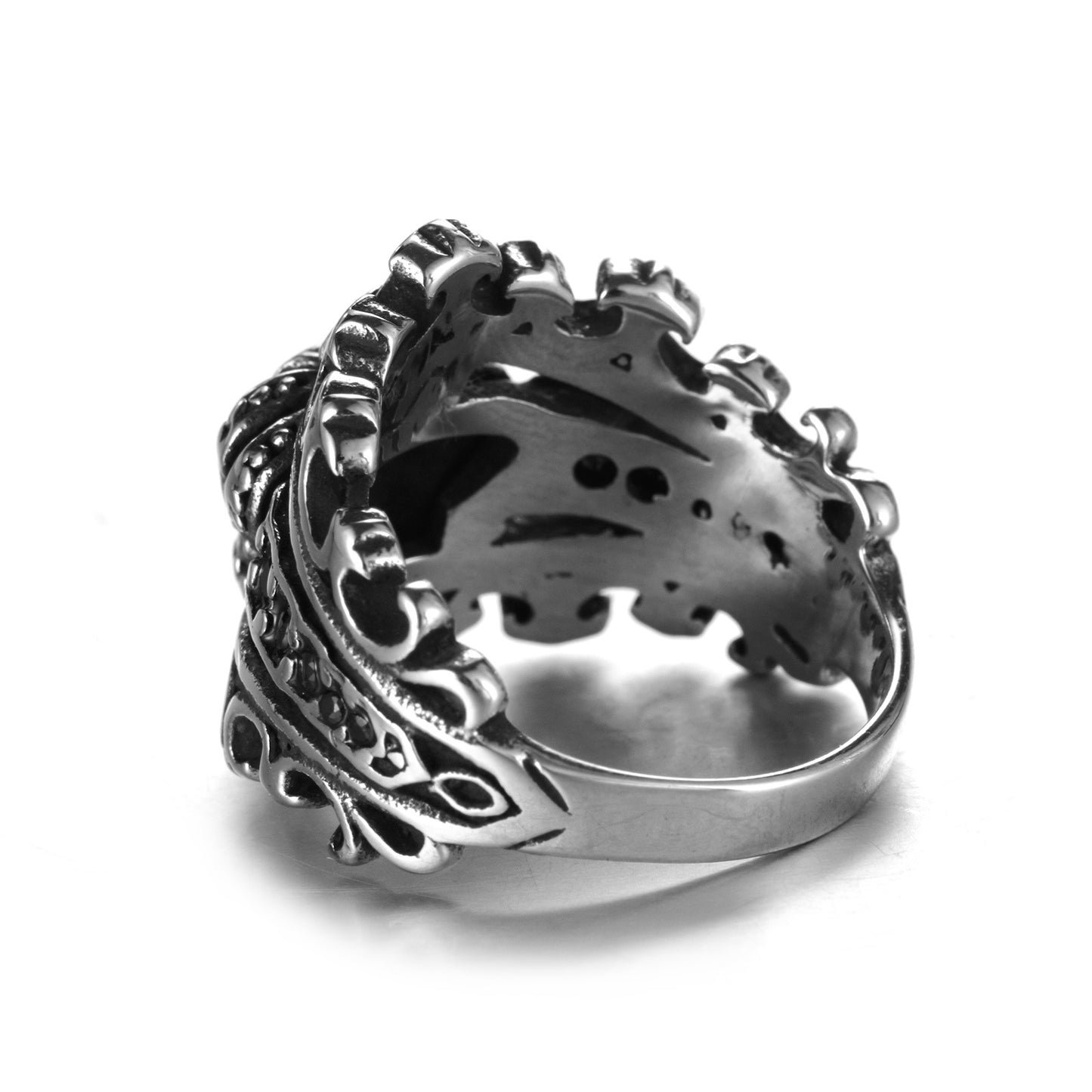 Rockyu クラウンクロスステンレスリング メンズ｜ゴシックブラック王冠デザイン指輪