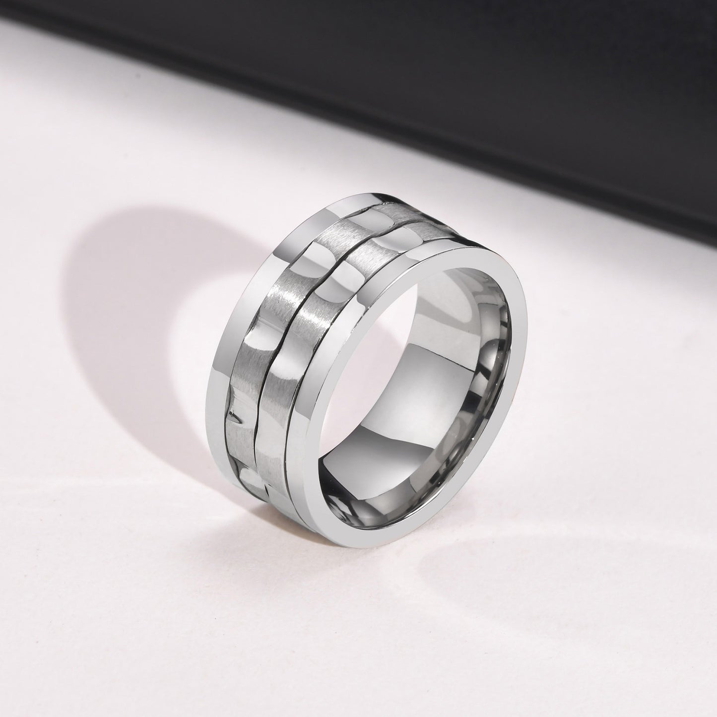 Rockyu ステンレススチールスピンリング 9mm幅 メンズ チタン風ギアデザイン