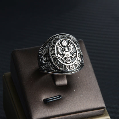 Rockyu メンズ チタン風ステンレスリング イーグル記章デザイン 重厚ゴールドリング