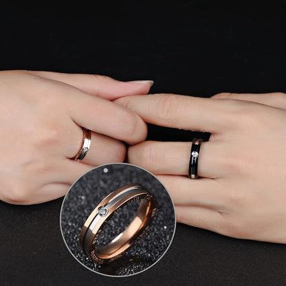 Rockyu ペアリング ステンレス製 一粒ジルコニア付き ブラック＆ピンクゴールドリング