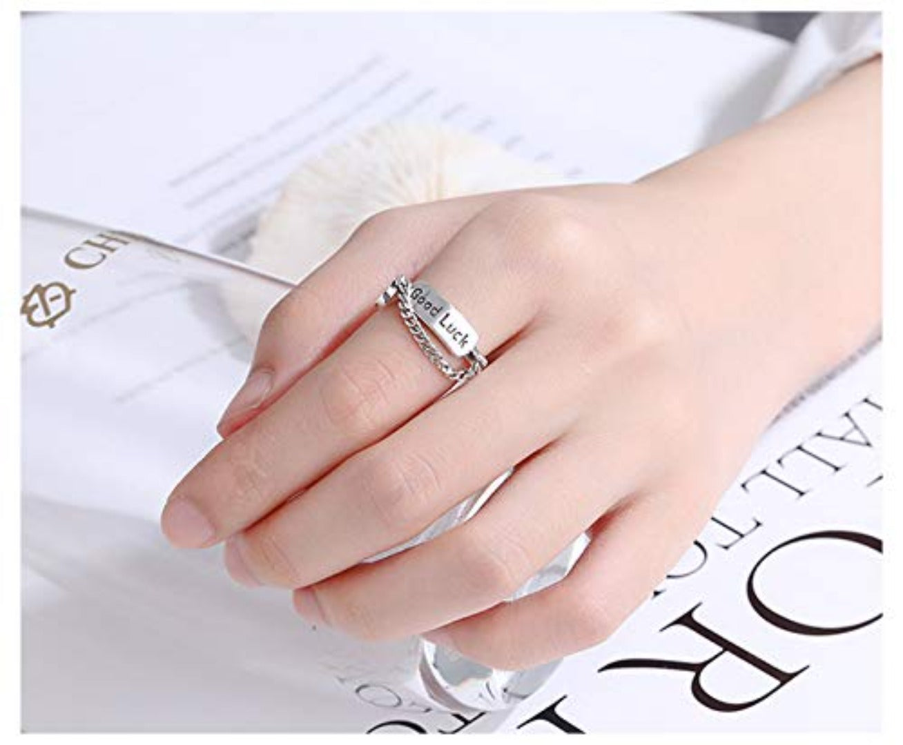 Rockyu 指輪 レディース フリーサイズ シルバー925 スマイル＆メッセージチェーンリング