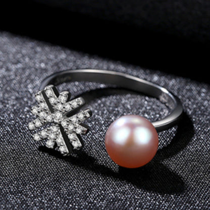 Rockyu レディースリング フリーサイズ パール＆雪の結晶モチーフ 指輪