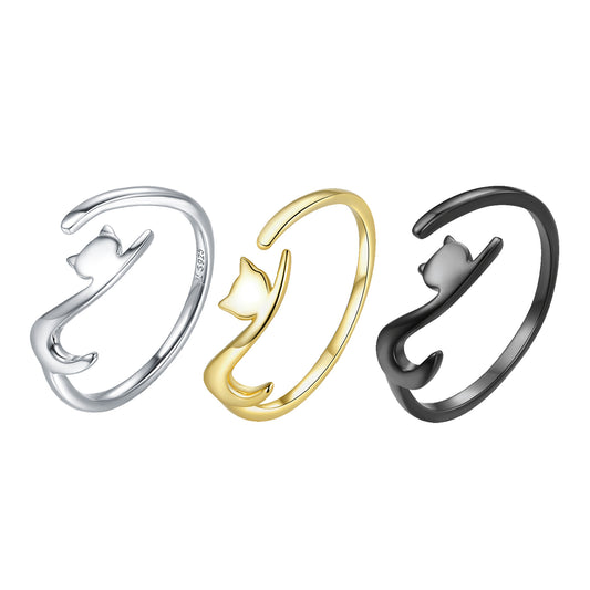 Rockyu 猫リング レディース シルバー925 フリーサイズ シンプル 可愛い ネコモチーフ 金属アレルギー対応