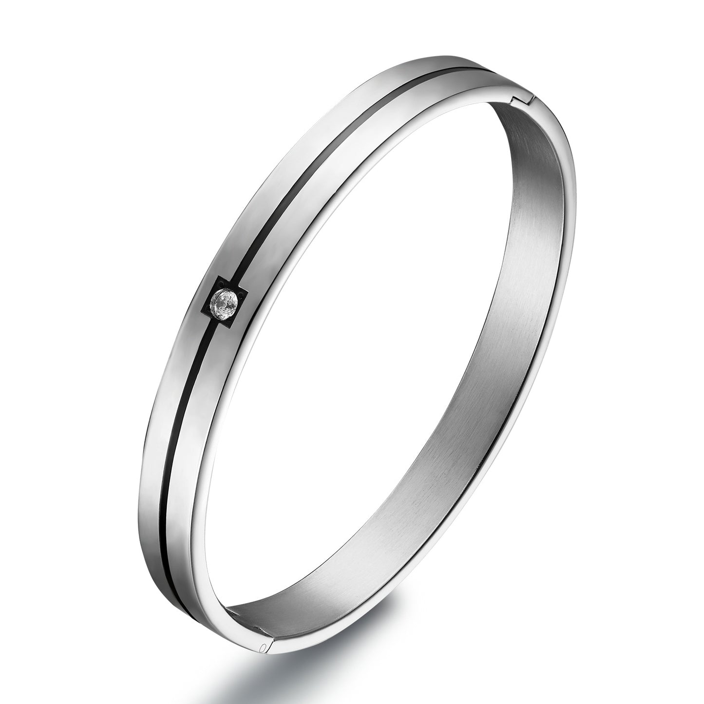 Rockyu ペアブレスレット メンズ レディース チタン製 ダイヤ付き シルバー/ブラック シンプル バングル 幅8mm