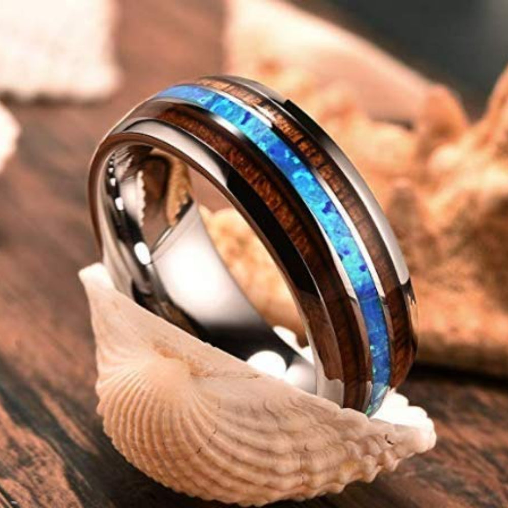 Rockyu チタン製 ウッド&シェルインレイ メンズリング 幅広デザイン 金属アレルギー対応 誕生日 記念日 ギフト