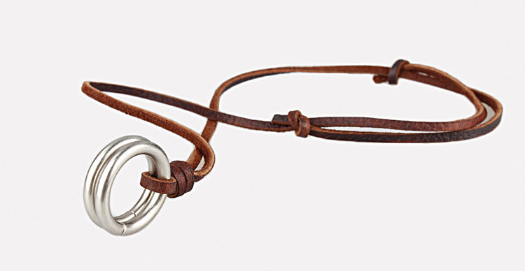 Rockyu メンズ レザーネックレス リングペンダント ロング 紐タイプ 60cm 牛革製