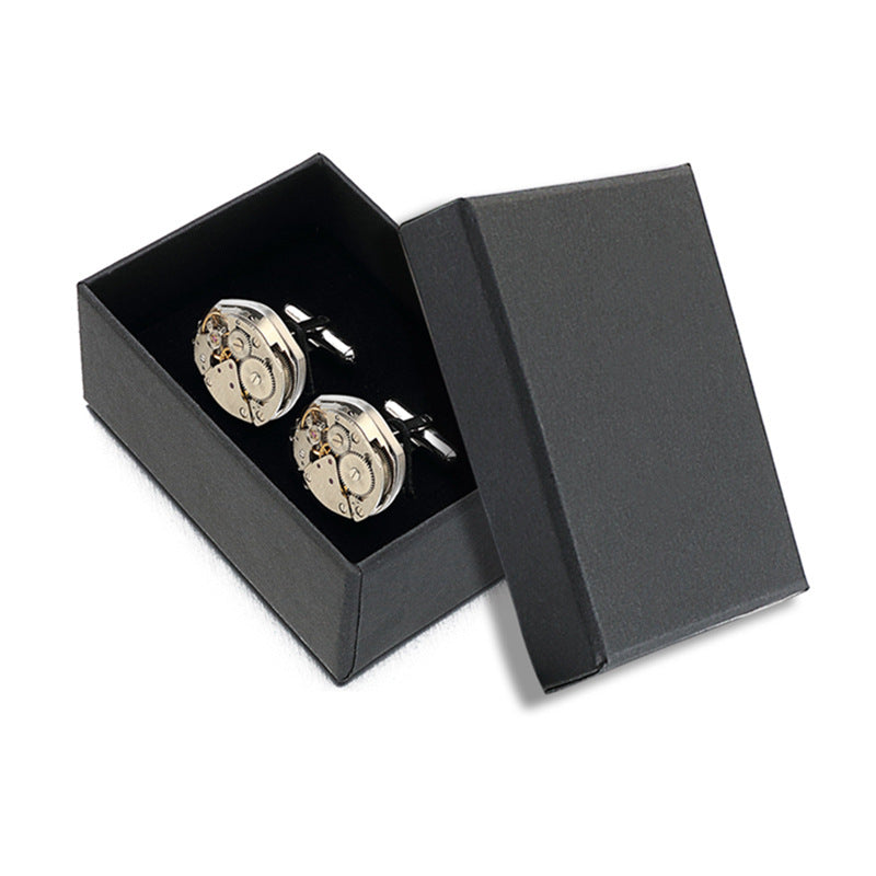 Rockyu メンズカフス 楕円時計デザイン 機械式モチーフ シルバー ビジネス カフリンクス