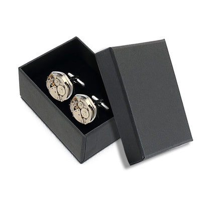 Rockyu メンズカフス 楕円時計デザイン 機械式モチーフ シルバー ビジネス カフリンクス