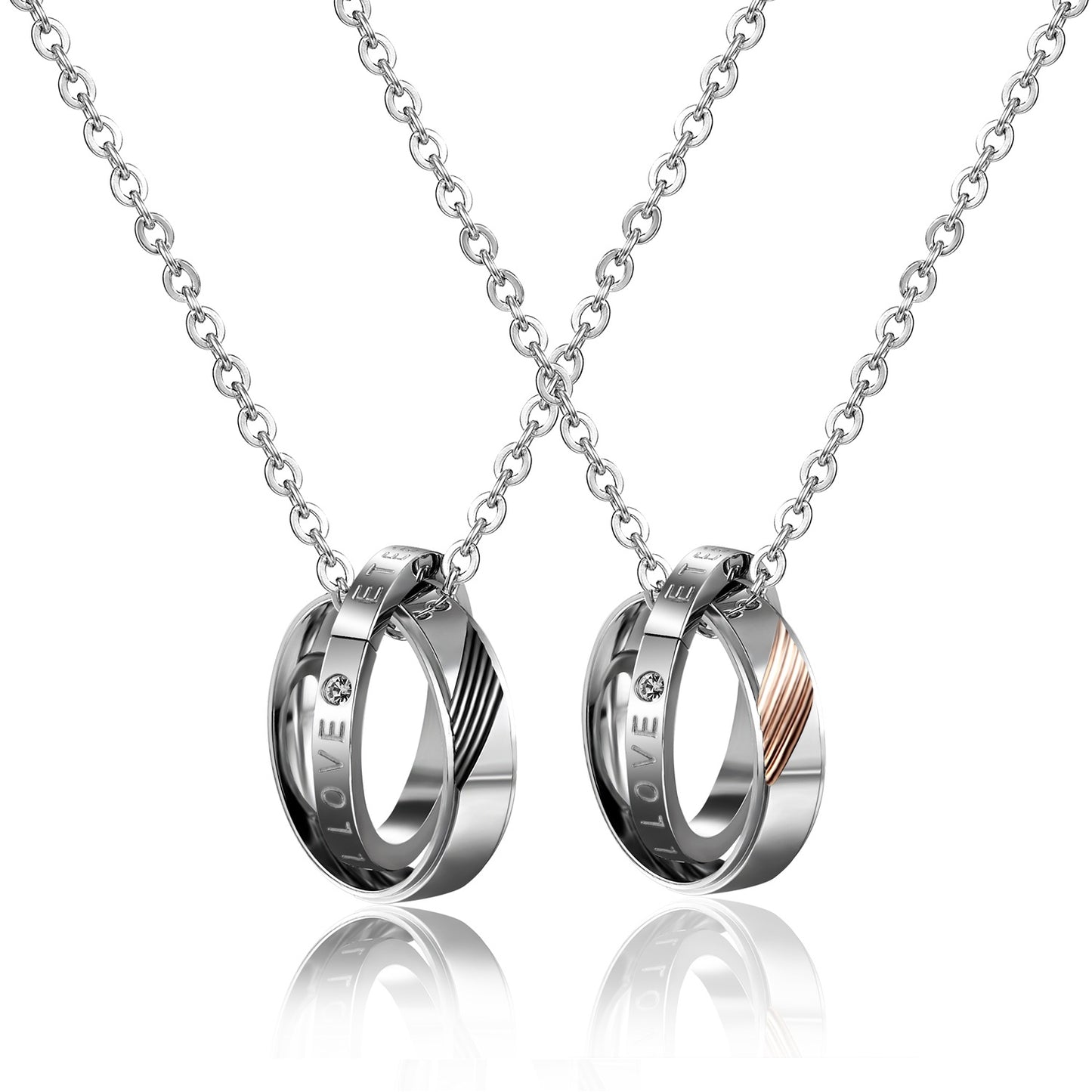 Rockyu 永遠の絆・ステンレススチールペアリングネックレス（LOVE刻印＆ジルコン付き）