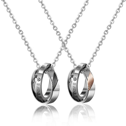 Rockyu 永遠の絆・ステンレススチールペアリングネックレス（LOVE刻印＆ジルコン付き）