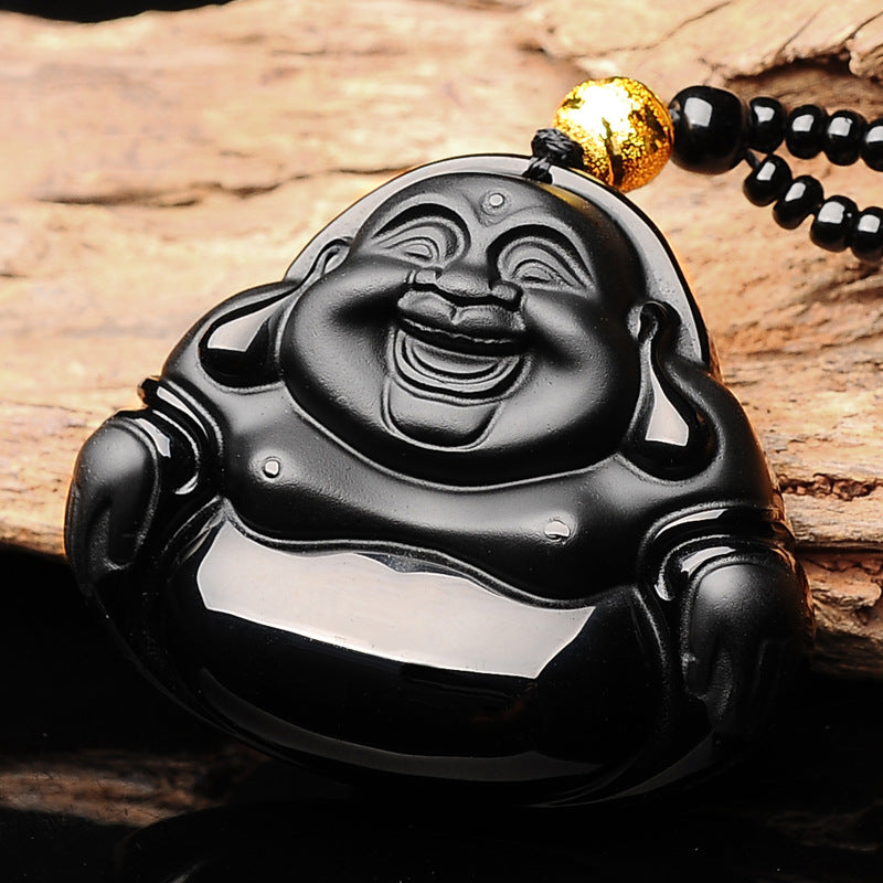 Rockyu ネックレス メンズ 黒曜石 仏教モチーフ お守り 菩薩ペンダント 厄除け 開運