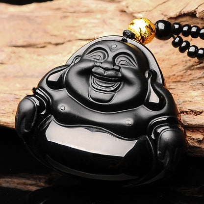 Rockyu ネックレス メンズ 黒曜石 仏教モチーフ お守り 菩薩ペンダント 厄除け 開運