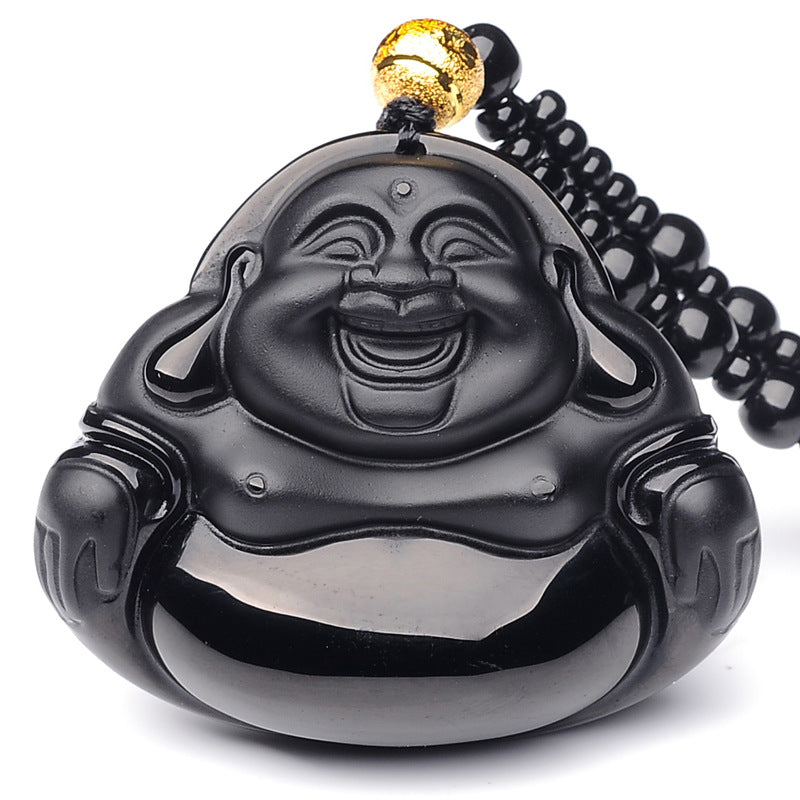 Rockyu ネックレス メンズ 黒曜石 仏教モチーフ お守り 菩薩ペンダント 厄除け 開運