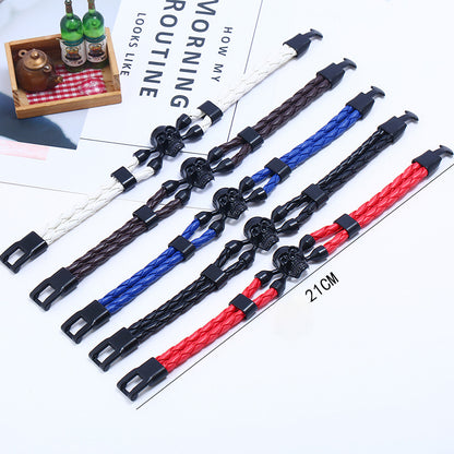 Rockyu 本革編み込みスカルブレスレット メンズ ステンレス 髑髏 アンティーク風