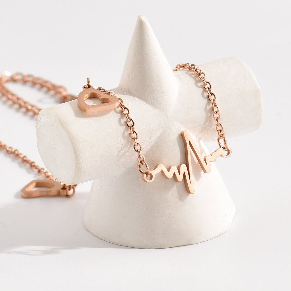 Rockyu アンクレット レディース ピンクゴールド 18K チタン 心電図 ハート 細身チェーン