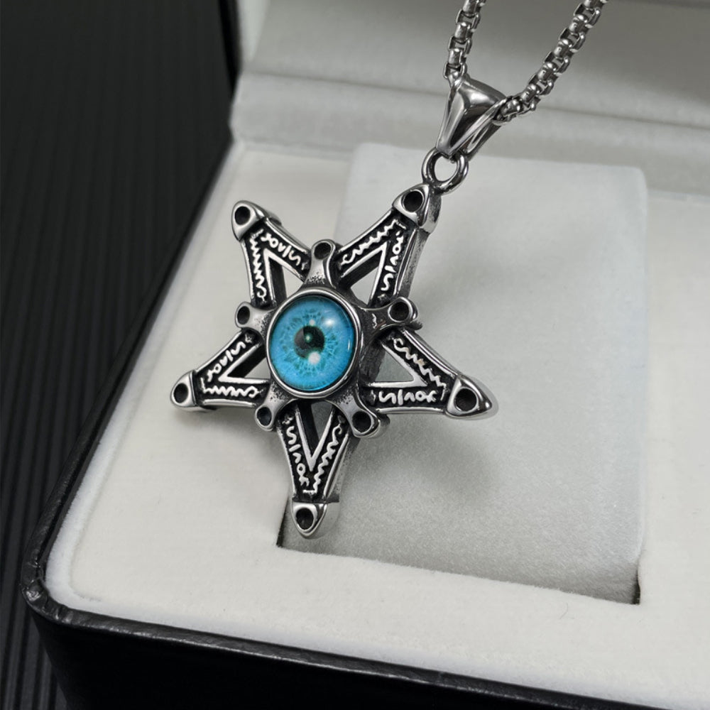 Rockyu メンズネックレス 悪魔の目と星モチーフのステンレスペンダント