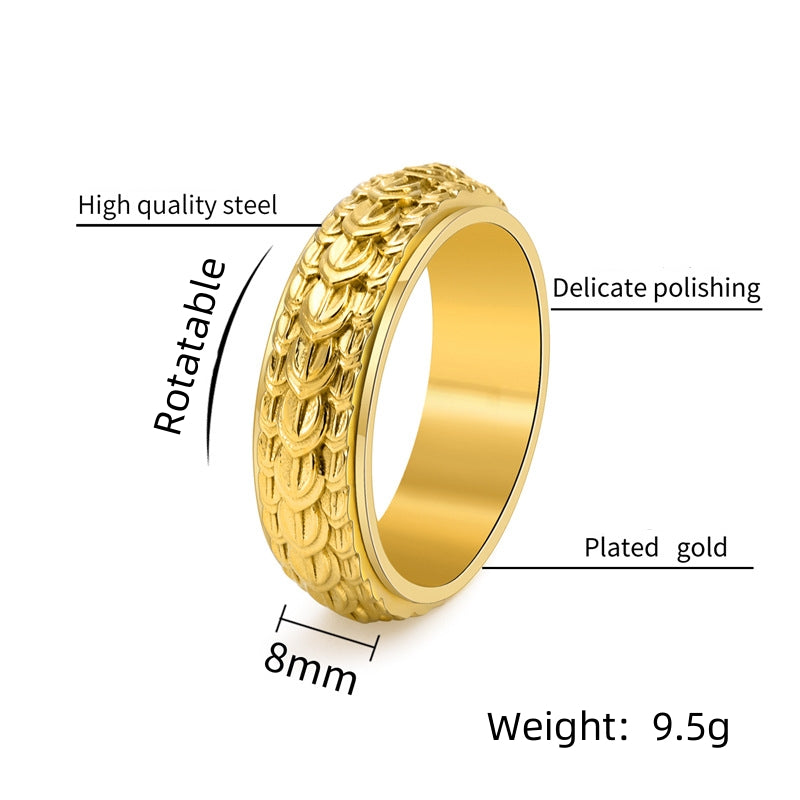 Rockyu メンズ ステンレススピナーリング ドラゴンスケール彫刻 回転式 幅広デザイン