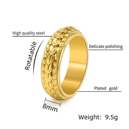 Rockyu メンズ ステンレススピナーリング ドラゴンスケール彫刻 回転式 幅広デザイン