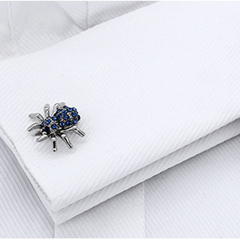 Rockyu カフスボタン メンズ 蜘蛛デザイン シルバー×ブルー サファイア風クリスタル ステンレス製