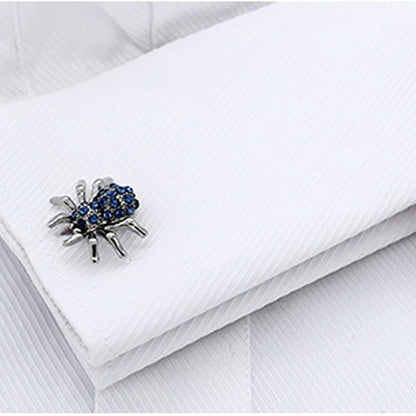 Rockyu カフスボタン メンズ 蜘蛛デザイン シルバー×ブルー サファイア風クリスタル ステンレス製
