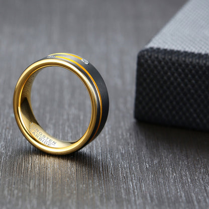 Rockyu タングステンリング メンズ レディース兼用 8mm ブラック＆ゴールド キュービックジルコニア埋込デザイン