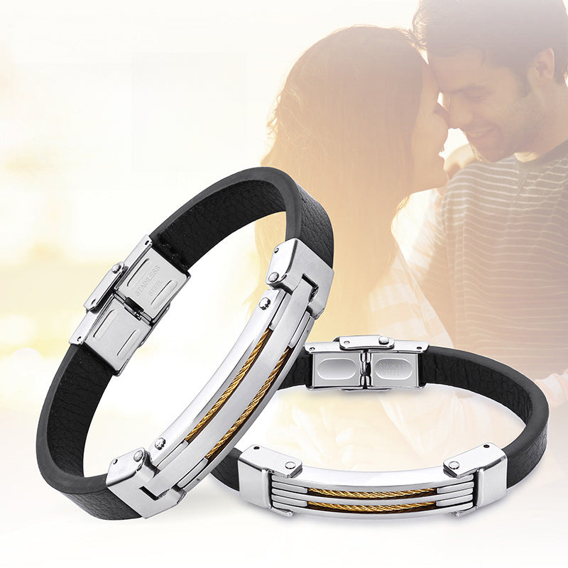 Rockyu メンズ ブレスレット ステンレス シリコン レザー プレート シンプル カジュアル アクセサリー