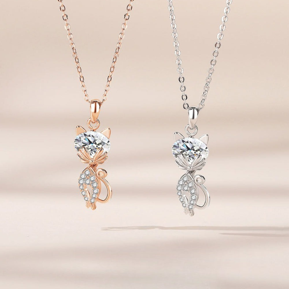 Rockyu ネックレス レディース 猫モチーフ シルバー925 ジルコニア CZダイヤ 一粒 純銀製 ペンダント