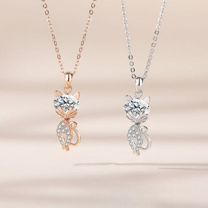 Rockyu ネックレス レディース 猫モチーフ シルバー925 ジルコニア CZダイヤ 一粒 純銀製 ペンダント