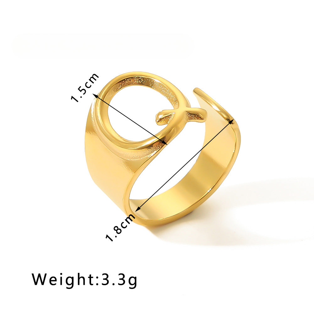 Rockyu イニシャルリング A〜Z選べる 太めゴールド フリーサイズステンレス指輪