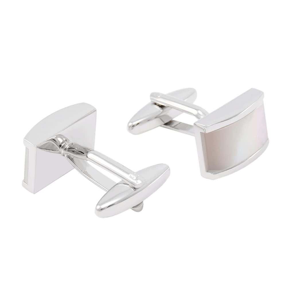 Rockyu カフス メンズ 白蝶貝 シルバー 長方形 貝殻カフリンクス ビジネス
