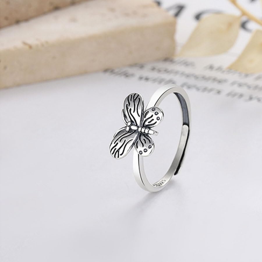 Rockyu 指輪 レディース フリーサイズ シルバー925 蝶々モチーフ リング 可愛い 調整可能 おしゃれ プレゼント