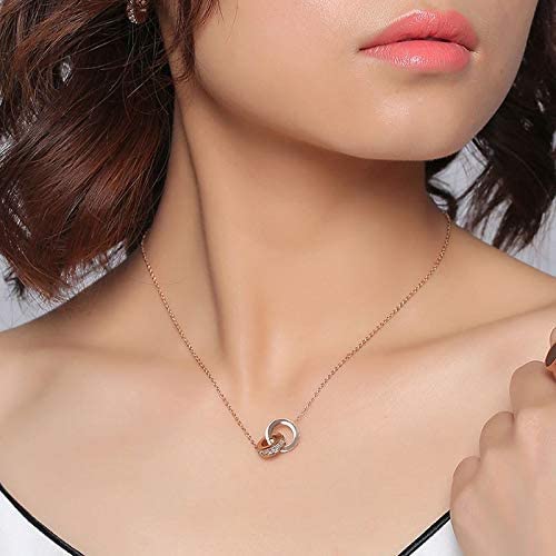 Rockyu 2連リングネックレス レディース チタン製 ピンクゴールド CZストーン 金属アレルギー対応