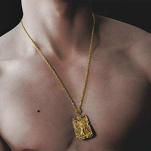 Rockyu メンズネックレス ゴールド 18金メッキ ペンダント 関公モチーフ プレートデザイン お守り風アクセサリー