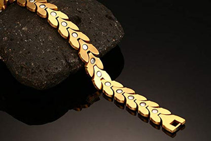 Rockyu 磁気チタンブレスレット｜麦の穂デザインのゴールドステンレスメンズアクセ