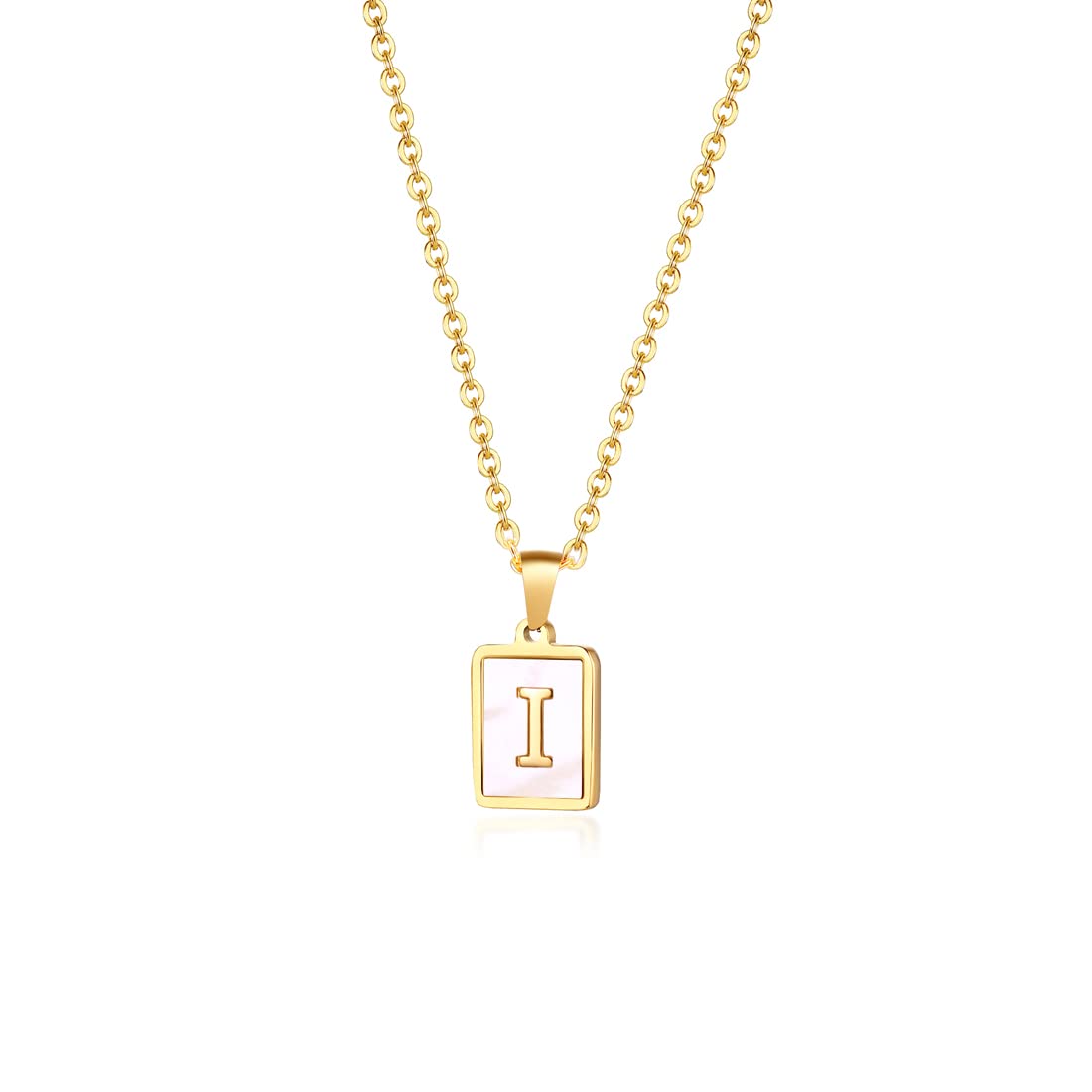 Rockyu ネックレス レディース ゴールド ホワイト イニシャルスクエアペンダント あずきチェーン ステンレス製 ギフトや記念日に