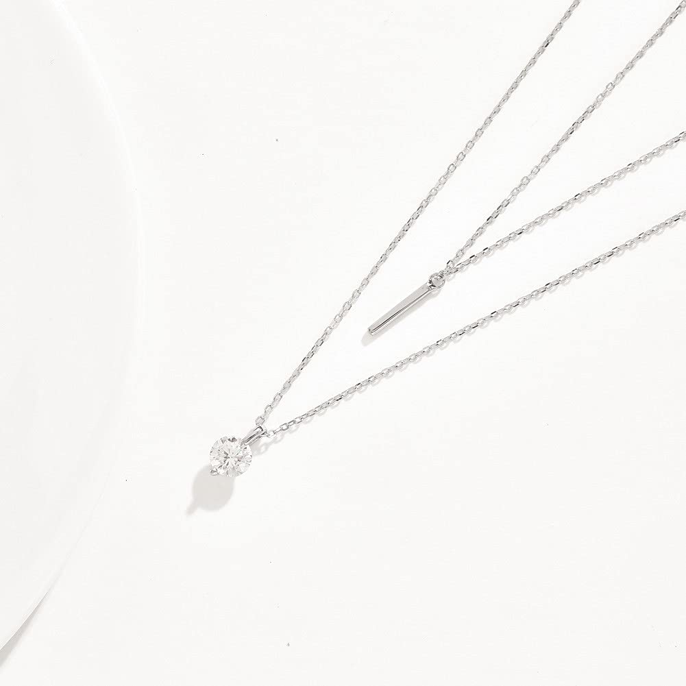 Rockyu レディースネックレス ピンクゴールド 18K 一粒ダイヤモンド スティックペンダント 2連チェーン 純銀仕上げ ジュエリー