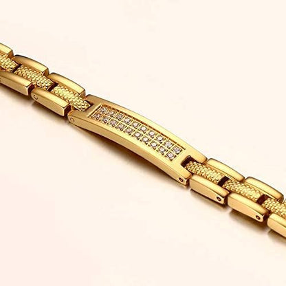 Rockyu 磁気ブレスレット レディース メンズ ゴールド ステンレス ジルコニア配列 プレートデザイン ゲルマニウム内蔵
